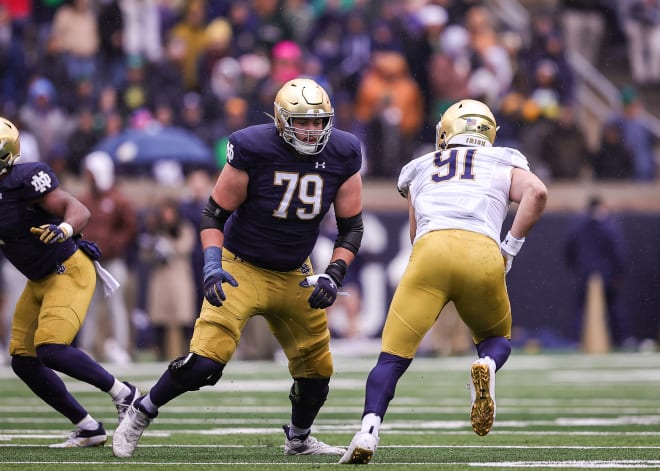 Senior Tosh Baker (79) appears to have secured the starting role for Notre Dame at right offensive tackle in Friday's Sun Bowl.