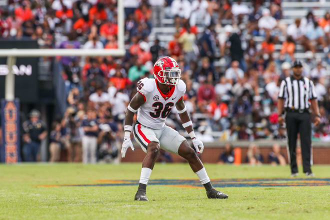 Georgia defensive back Latavious Brini (36) during a game against Auburn at the Jordan-Hare Stadium in Auburn, AL., on Saturday, Oct. 9, 2021. (Photo by Mackenzie Miles/UGA Sports Communications)