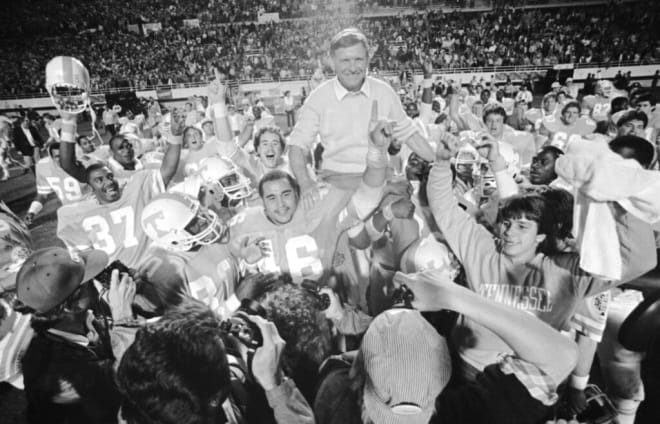 University of Tennessee coach Johnny Majors rides victorious on the shoulders of the Tennessee Volunteers after the Florida Citrus Bowl in Orlando, Fla., Dec. 18, 1983. Tennessee defeated University of Maryland's Terrapins 30-23.