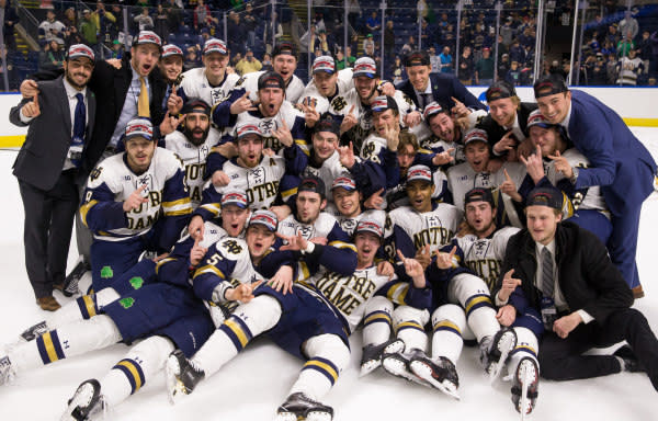 The Fighting Irish celebrated its second straight trip to the Frozen Four following a 2-1 victory versus Providence in the East Regional final.