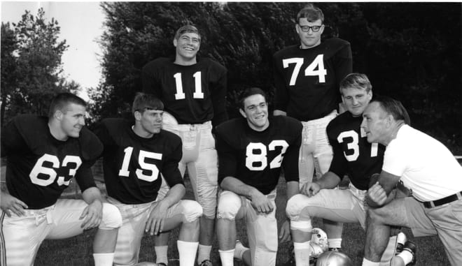 A few key members of the "Baby Buffs," Colorado's freshman squad, in 1966. Anderson is flanked by Bill Brundige (74), Dave McReynolds (63), Monte Huber (15), Randy Graff (82) and Kelly Johnston (37) along with coach Dan Stavely.