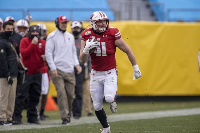 Noah Burks hauled in an interception in the Mayo Bowl that led to the go-ahead score for Wisconsin. 