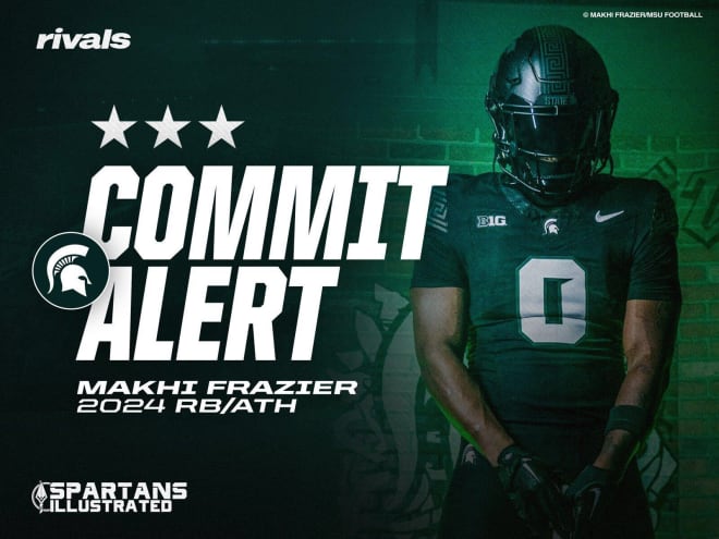 2024 athlete/running back Makhi Frazier commits to Michigan State following an official visit. (Graphic by Ben Sonday, photo courtesy of Makhi Frazier/MSU Football)