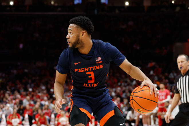 Illinois Fighting Illini guard Jayden Epps (3) with the ball during the second half in a game against the Ohio State Buckeyes on February 26, 2023, at Value City Arena in Columbus, Ohio.