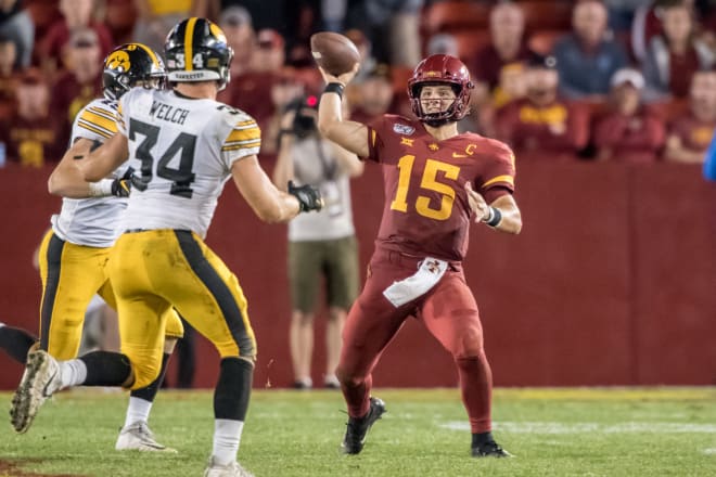 Iowa State sophomore quarterback Brock Purdy ranks fifth nationally in passing yards per game (313.3) and 20th in pass efficiency rating (152.3). 