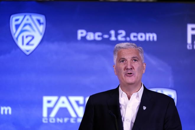 Pac-12 Commissioner George Kliavkoff addresses the media.