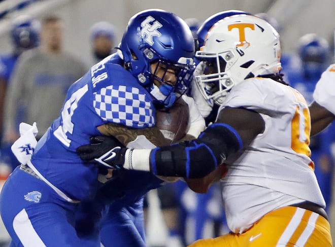 Kentucky running back Chris Rodriguez clashed with a Tennessee defender in last year's matchup between the Cats and Vols. 