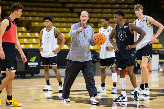Tad Boyle oversees a segment of CU's practice last week that featured a lesson on playing against a 1-3-1 zone defense