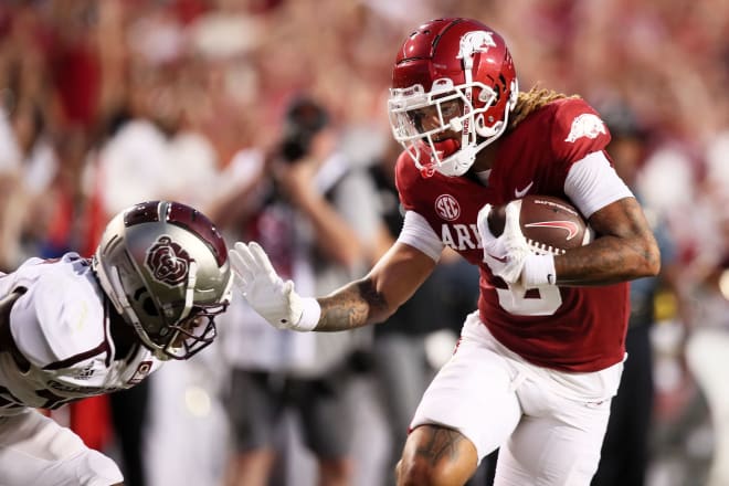 Jadon Haselwood was invited to the NFL Combine after spending one season at Arkansas. 