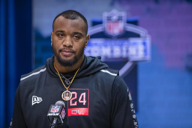 Alabama Crimson Tide defensive lineman Raekwon Davis speaks to the media on day three of the NFL Combine at Lucas Oil Stadium on February 27, 2020 in Indianapolis, Indiana. (Photo by Michael Hickey/Getty Images)