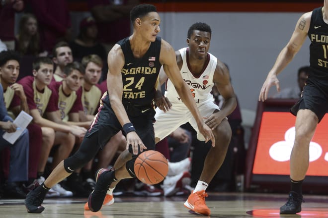 Devin Vassell looks to attack off the dribble Saturday at Virginia Tech.