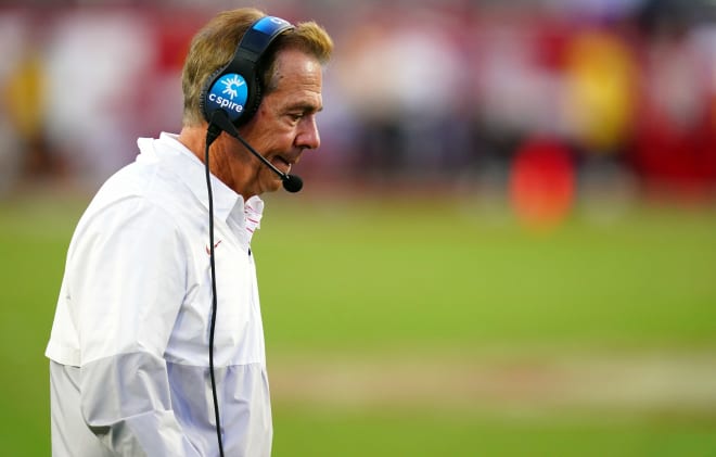 Alabama Crimson Tide head coach Nick Saban walks out off the sidelines against the Tennessee Volunteers during the second half at Bryant-Denny Stadium. Photo | John David Mercer-USA TODAY Sports