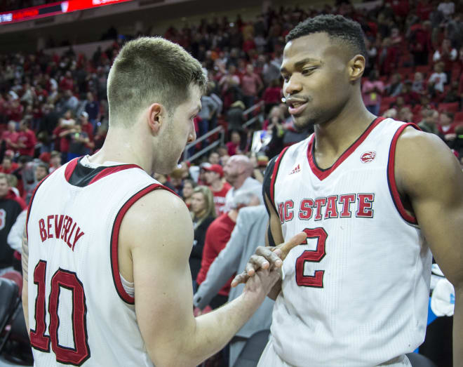 Beverly, left, and fifth-year senior wing Torin Dorn helped the Wolfpack crush Maryland Eastern Shore 95-49 on Saturday at PNC Arena.