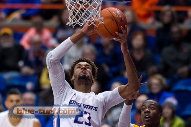Boise State's James Webb III (23) goes up for a basket Saturday afternoon against Wyoming. The Broncos defeated the Cowboys 94-71.