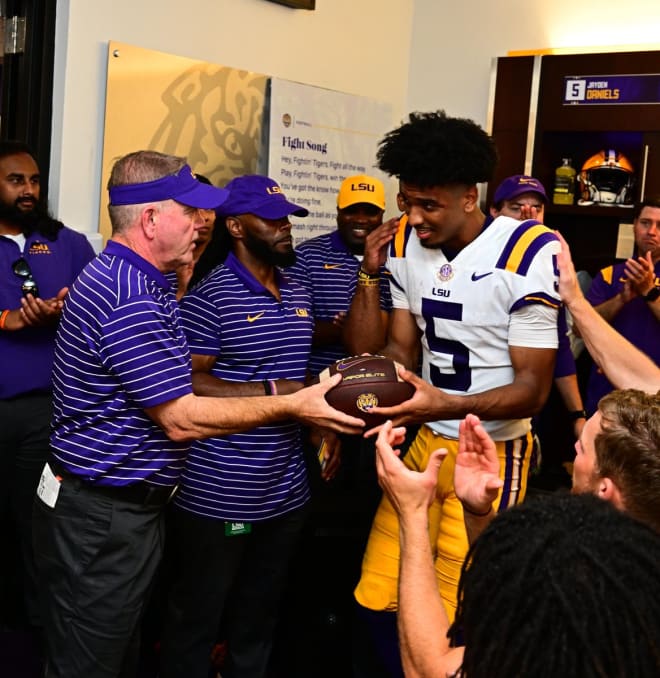 LSU quarterback Jayden Daniels got the ball after leading the Tigers on a 31-3 scoring blitz in a 31-16 comeback win over Mississippi State in Tiger Stadium Saturday night.,
