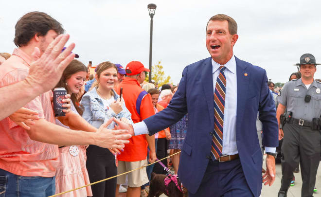 Clemson head coach Dabo Swinney is shown here Saturday at Tiger Walk ahead of the Tigers' evening matchup with Stanford.