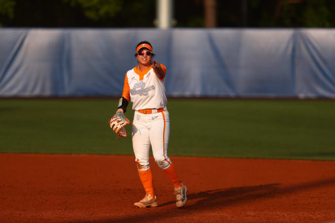 Tennessee softball first baseman Giulia Koutsoyanopulos during the Lady Vols' SEC Tournament Quarterfinals game vs. LSU on May 9, 2024.