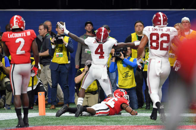 Alabama Crimson Tide wide receiver Jerry Jeudy (4) celebrates after catching a touchdown against the Georgia Bulldogs during the forth quarter in the SEC championship game at Mercedes-Benz Stadium.  Photo | USA Today