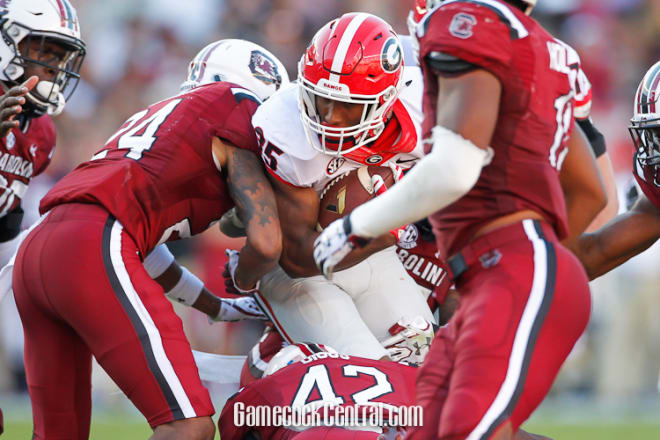South Carolina tackles a Georgia running back in the Gamecocks loss to the Bulldogs.