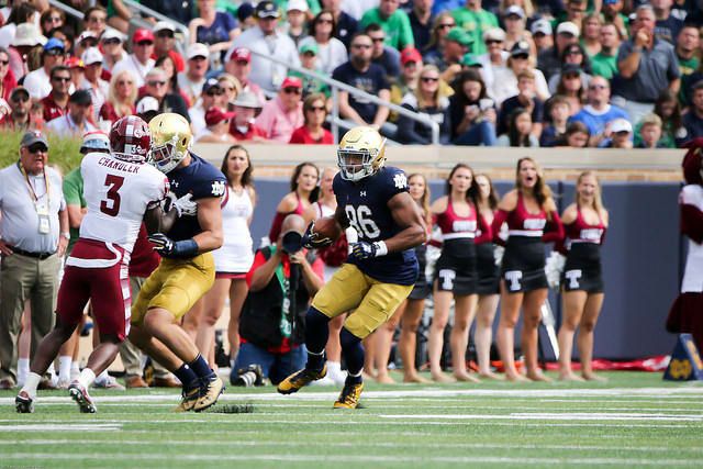 Notre Dame tight ends caught 12 passes all of 2016, but had seven (two by Alize Mack, above) versus Temple.