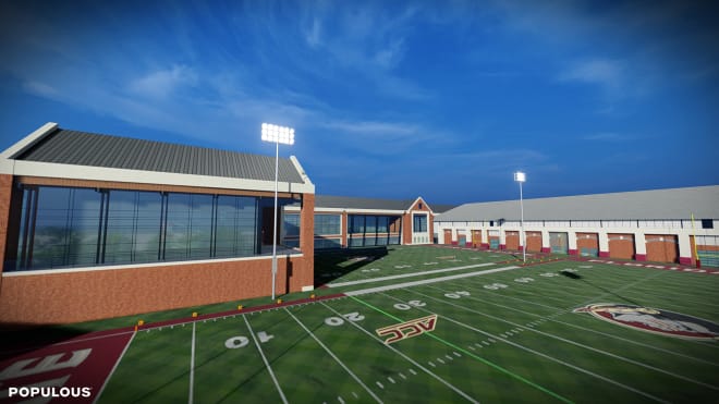 The new football operations building will take up a chunk of one current outdoor practice field and connect with the IPF (at right).