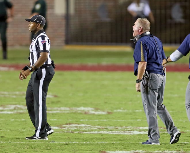 Notre Dame football coach Brian Kelly yells at an official during the Irish's season-opening win against Florida State. 