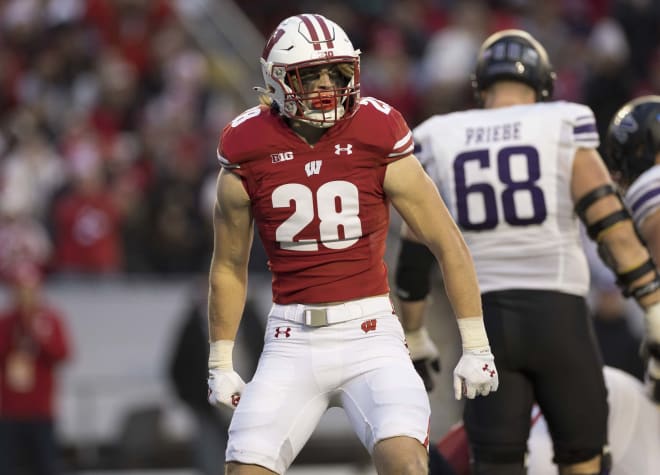 Wisconsin inside linebacker Christian Alliegro celebrates his first career sack. 