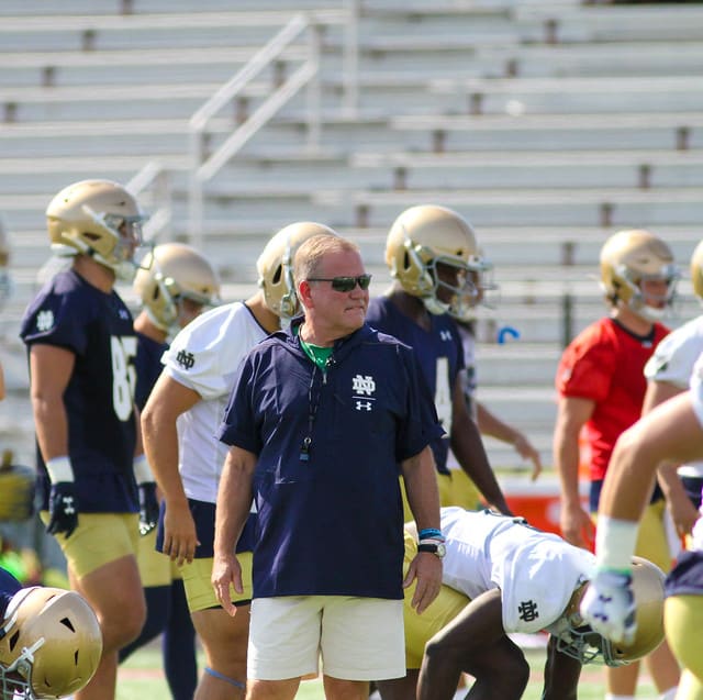 Notre Dame Fighting Irish football head coach Brian Kelly at practice