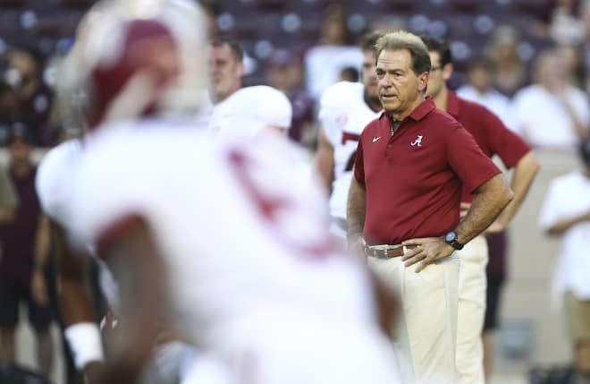 Alabama Crimson Tide head coach Nick Saban looks on during warmups before a game against the Texas A&M Aggies at Kyle Field. Photo | USA Today