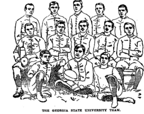 From the Atlanta Constitution, a sketch of the first UGA football team which took the field on this day 125 years ago ("the Georgia State University team"???)