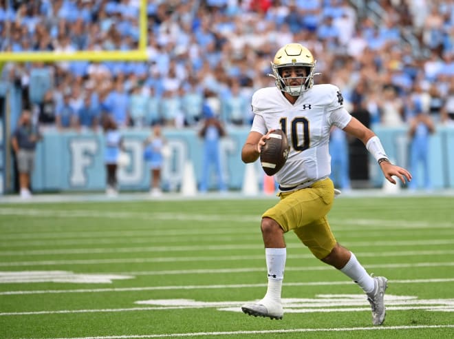 Quarterback Drew Pyne's first game on the road as a starter came at Kenan Memorial Stadium. 