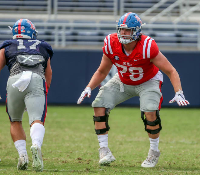 Ole Miss offensive lineman Jeremy James (78) gets work in during Saturday's scrimmage inside Vaught-Hemingway Stadium.