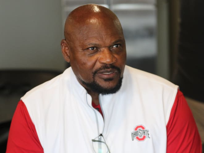 Ohio State defensive line coach Larry Johnson has the makings of a promising group in 2023. (Birm/DTE)