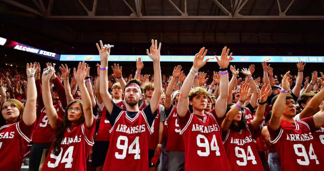 Arkansas students call the Hogs prior to Monday's season-opening win over Alcorn State at Bud Walton Arena.