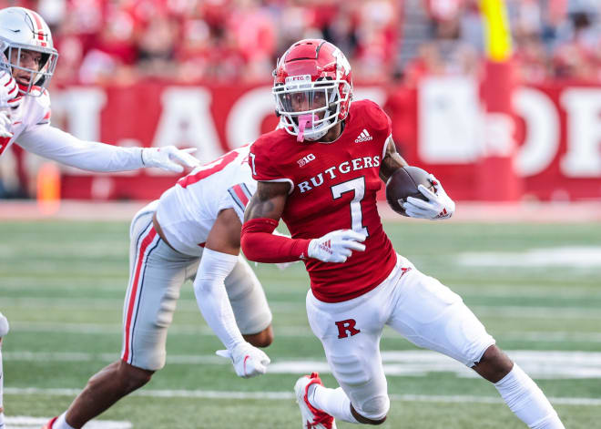 Oct 2, 2021; Piscataway, New Jersey, USA; Rutgers Scarlet Knights wide receiver Shameen Jones (7) gains yards after the catch during the second half against the Ohio State Buckeyes at SHI Stadium. 