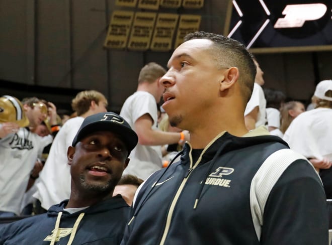 Purdue football associate head coach Cory Patterson talks to Purdue football head coach Ryan Walters during the NCAA men s basketball game against Michigan State, Sunday, Jan. 29, 2023, at Mackey Arena in West Lafayette, Ind. Purmsumbb012923 Am15358