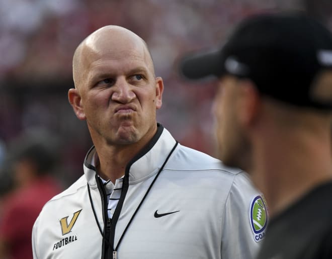 Vanderbilt Commodores head coach Clark Lea reacts before a game against the Alabama Crimson Tide at Bryant-Denny Stadium. Alabama won 55-3. Mandatory Credit: Gary Cosby Jr.-USA TODAY Sports