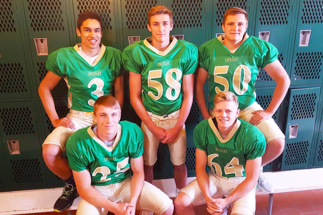 Making things happen - good things, of course - at North Platte St. Pat's, Huskerland's No. 8 team in Class C-2, will be (front row, l-r) James Schroll (25), Aiden Skillstad (64); (back, l-r) Gary White III (3), Jaydn Brown (58) and Jayden Brosius (50).