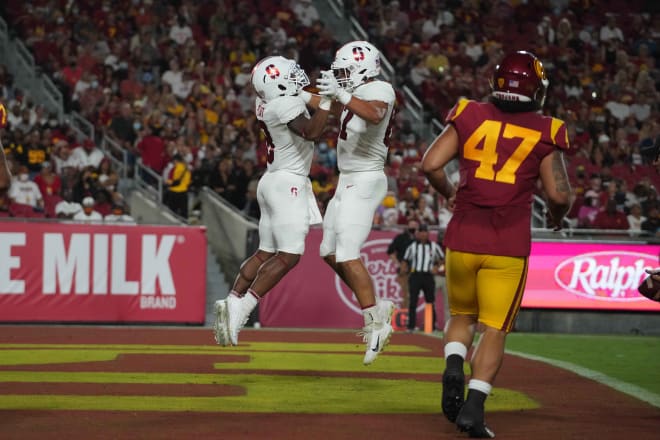 Bradley Archer celebrates a touchdown with Nathaniel Peat in 2021 at USC. 