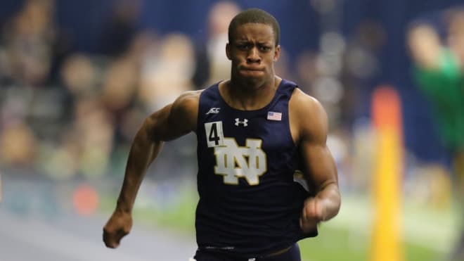 Former Notre Dame cornerback Troy Pride participating in a track and field event. He is expected to have one of the fastest times at the 2020 NFL Combine.
