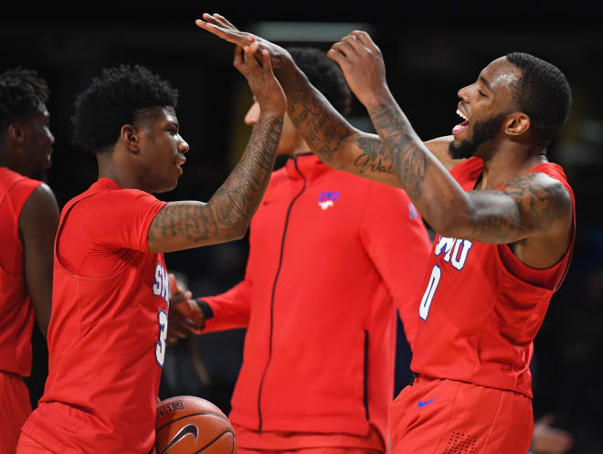 SMU basketball guards Kendric Davis (left) and Tyson Jolly