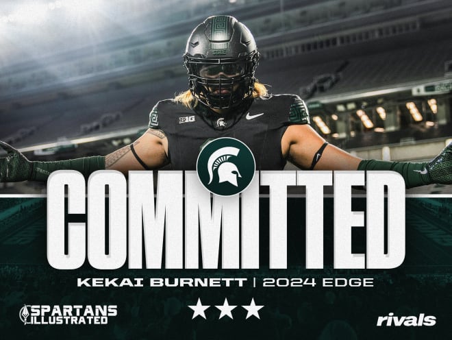 Kekai Burnett commits to Michigan State (Graphic by Ben Sonday, original image credited to Kekai Burnett/MSU Football)