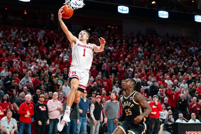 Jan 9, 2024; Lincoln, Nebraska, USA; Nebraska Cornhuskers guard Sam Hoiberg (1) shoots the ball against Purdue Boilermakers guard Lance Jones (55) during the first half at Pinnacle Bank Arena. Mandatory Credit: Dylan Widger-USA TODAY Sports