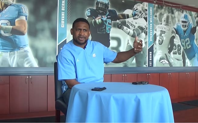 Bly during a 2019 press conference inside the Kenan Football Center.