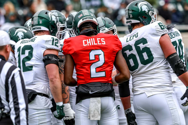 Action during the spring showcase football scrimmage at Spartan Stadium, on April 20, 2024. (Marvin Hall/Spartans Illustrated)