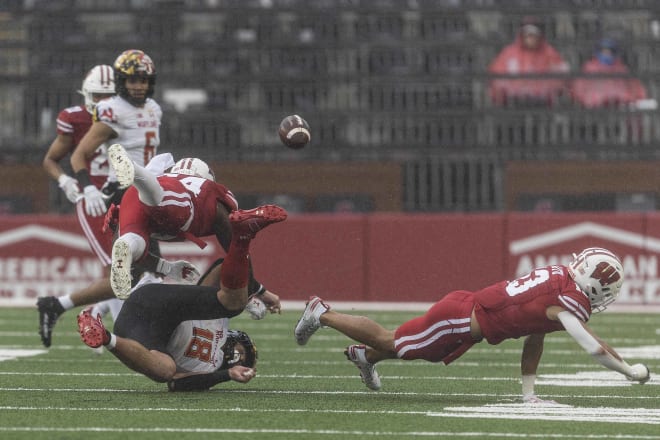 Safety Kamo'i Latu delivers a massive hit on Maryland tight end CJ Dippre. 