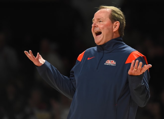Ole Miss Rebels head coach Kermit Davis reacts after a call during the second half against the Vanderbilt Commodores at Memorial Gymnasium. Mandatory Credit: Christopher Hanewinckel-USA TODAY Sports