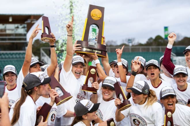 Florida State's soccer team celebrates its national championship victory over North Carolina in early December 2018.