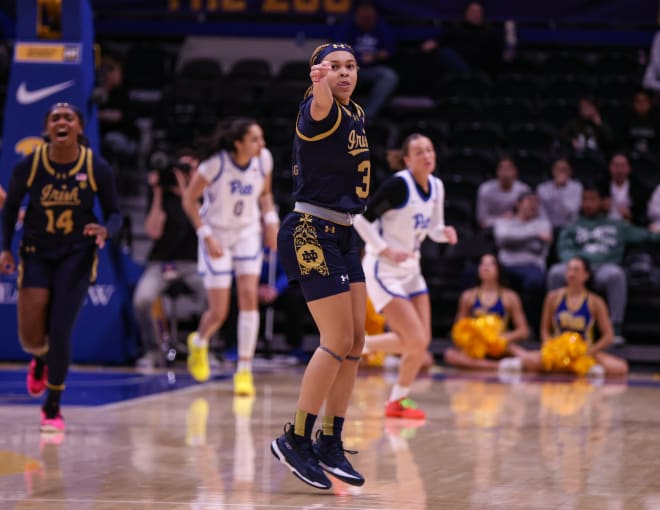 Freshman Hannah Hidalgo points the way for a fourth-quarter Notre Dame rally Thursday night at Pitt.