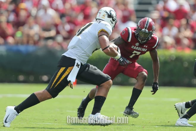 South Carolina freshman CB Jaycee Horn locks in on a ball-carrier in Saturday's 37-35 victory over Missouri.